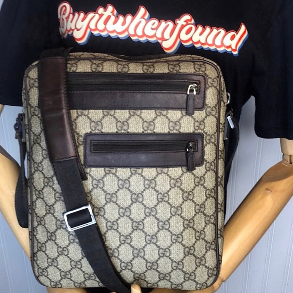 GUCCI GG Monogram Beige Coated Canvas and Dark Brown Leather Messenger Bag